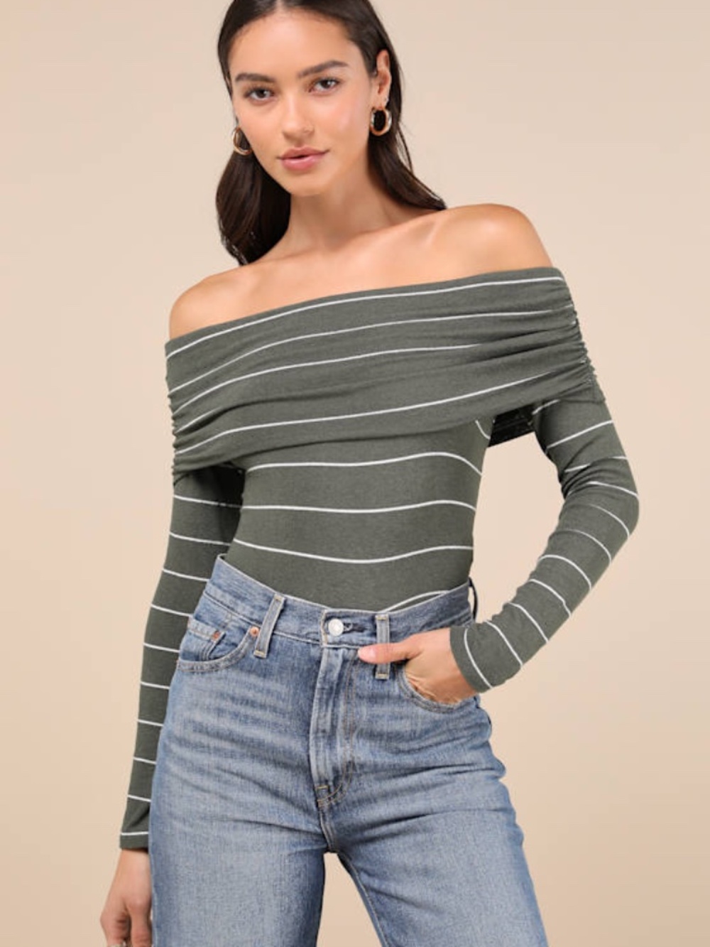 Lulus Sweetest Concept Olive Striped Off-the-shoulder Sweater Top Green - Size L